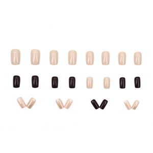 Short square press-on nails set in nude pink, dark brown and gold glitter tones