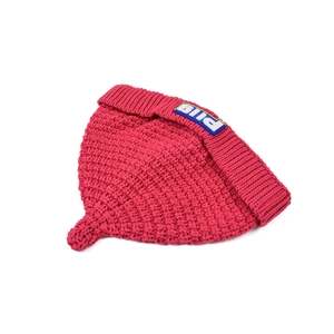 Rose red knitted baby beanie with cute pointed top and letter patch for winter warmth