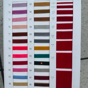 Catalog view of velvet ribbon color chart with various shades and width sizes