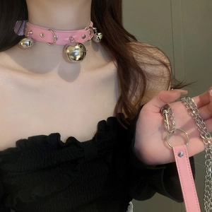 Pink leather choker with silver bells and chain leash for personalized punk style