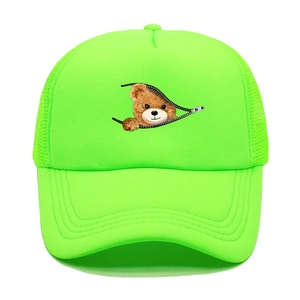 Neon green mesh baseball cap featuring a unique cartoon bear graphic and structured brim