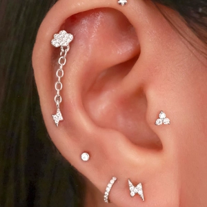 S925 silver needle cloud and lightning earring set with shimmering cubic zirconia