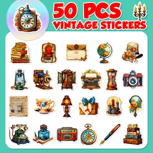Flat lay of 50 vintage stickers featuring books, globes, and antique cameras
