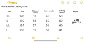 Size guide for women's loose cotton coat showing bust and length in centimeters