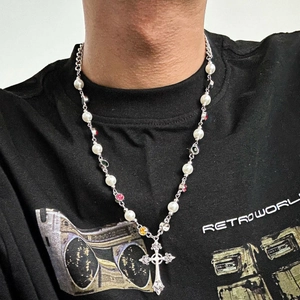 Men's necklace with pearls, colored gems and a cross pendant on a silver-tone chain