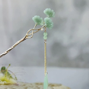 Vintage Chinese Style Ginkgo Leaf Hair Stick Gold Alloy Hairpin Long Tassel Artificial Pearl Green Resin Elegant Hanfu Accessories