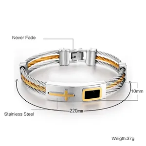 Mens stainless steel cross bracelet with wire rope texture in gold and silver finish