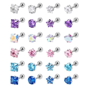 Boucles D'oreilles À Clous Acier Inoxydable Zircone Géométrique Cœur Étoile À Vis Piercing Cartilage Femmes