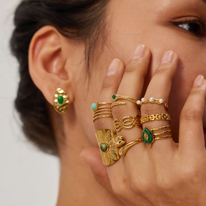 18K gold plated stainless steel rings and earrings set with natural green malachite