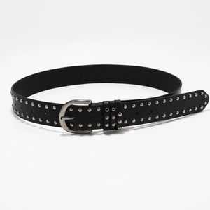 Y2K Punk Black Waist Belt with Double-Row Silver Studs and Metal Buckle on White Background