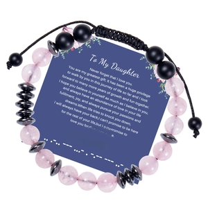 Morse code bracelet with pink crystal and black beads on 'To My Daughter' card
