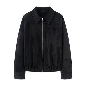 Classic black faux suede bomber jacket with metal zipper and turn-down collar for men