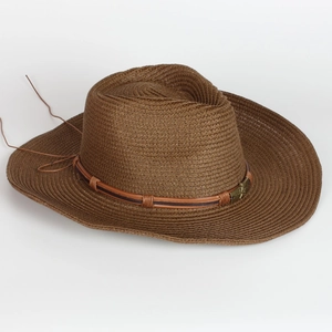 Men's dark brown wide brim straw sun hat with leather band and cowboy style design