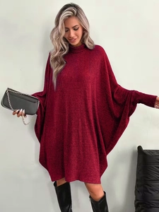 Women Turtleneck Batwing Sleeve Knitted Sweater Dress Oversized Ribbed Long Sleeve Elegant Casual Pullover Mini Dress