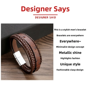 Detail view of brown braided leather layers and silver magnetic clasp on men's bracelet