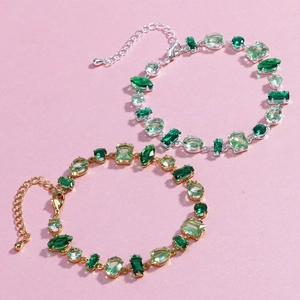 Chic gold and silver bracelets with green zircon gemstones in diverse crystal cuts