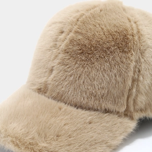 Plush faux fur baseball cap in warm khaki brown, soft fuzzy texture for winter fashion