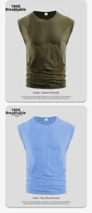 Detail of army green and sky blue quick-dry vests showing 100% polyester mesh fabric texture