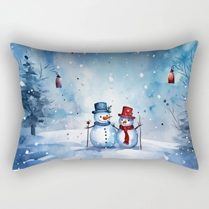 Detail of winter snowman watercolor art print on rectangular Christmas pillow case