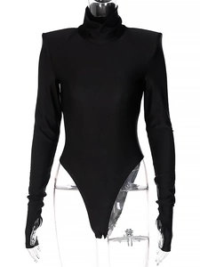 Detail view of black high neck bodysuit featuring padded shoulders and long sleeve thumbholes