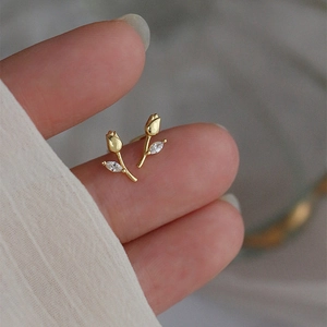 Tulip Stud Earrings 925 Sterling Silver With Cubic Zirconia French Floral Style Delicate Jewelry For Women