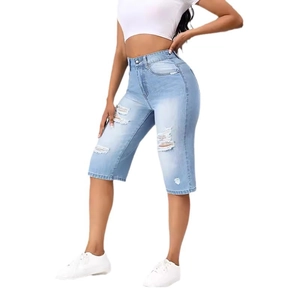 High-waist stretch ripped denim shorts for women in light blue with distressed finish