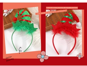 Detail of Christmas elf hat headbands with velvet feathers and bells in red and green