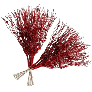 Pair of 43cm red glitter artificial stems with decorative beads for Christmas decor