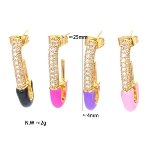 Colorful geometric safety pin earrings with crystals and gold finish in various colors