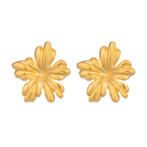 Polished 18K gold plated trumpet flower stud earrings with a brushed metallic finish
