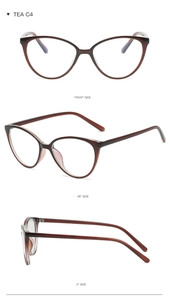 Three-angle view of tea brown cat-eye glasses frames with gradient finish and blue light filter