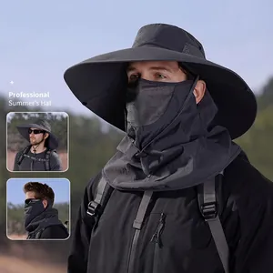 Men outdoor wide brim sun hat with neck flap and face mask set for hiking and fishing