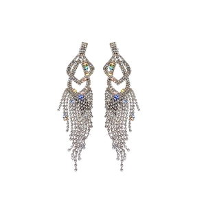 Silver teardrop tassel drop earrings with sparkling rhinestones for women jewelry