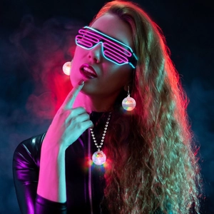 Luminous disco ball necklace and shutter glasses with multi-color LED party lighting effects