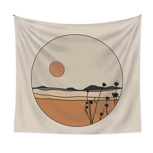 Bohemian wall tapestry with circular mountain sunset landscape in earth tones