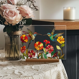 Detailed acrylic desktop ornament featuring 3D hummingbirds and floral glass texture pattern