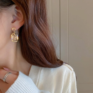 Golden geometric hollow rectangular earrings with sparkling crystal drop for women