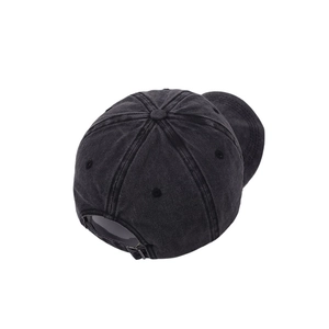 Back view of vintage washed charcoal baseball cap with adjustable metal strap buckle