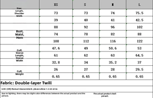 Detailed size chart for women's buckle blazer with measurements for XS to L in cm