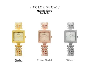 Three square dial quartz watches for women in gold, silver and rose gold with diamond straps