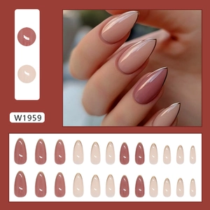 Elegant French gold-edged almond press-on nails in sheer nude and mauve pink tones