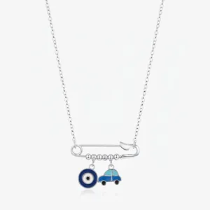 925 Sterling Silver Necklace With Blue Evil Eye And Car Pendant Safety Pin Design Enamel Paperclip Jewelry For Women