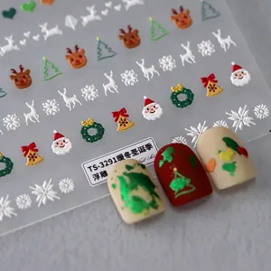 Stickers à ongles 5D de Noël avec motifs de Père Noël, rennes et flocons en relief