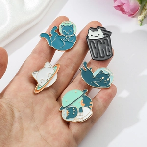 Set of five cute cartoon astronaut cat enamel pins made of durable metal alloy