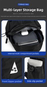 Detailed interior view of a black oxford sling bag showing multiple storage compartments
