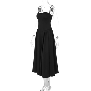 Detail of the sweetheart neckline and slim fit waist on a black midi summer dress