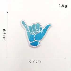 Blue Shaka hang loose hand embroidery patch with detailed dimensions 6.5 x 6.7 cm
