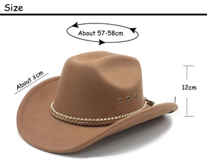 Detailed size guide of brown wool felt cowboy hat with crown height and brim measurements