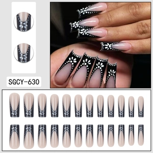 Long square press on nails set with black and white polka dot floral patterns
