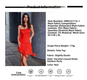 Detail showing red mesh ruffle dress fabric specifications and size chart details